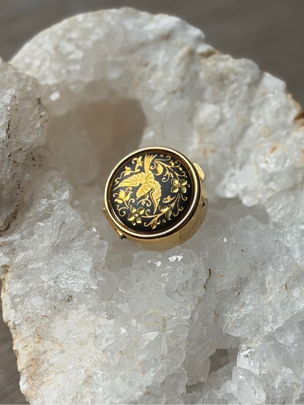 Vintage Spanish Damascene 24K Gold Foil Bird & Floral Pill Trinket Box